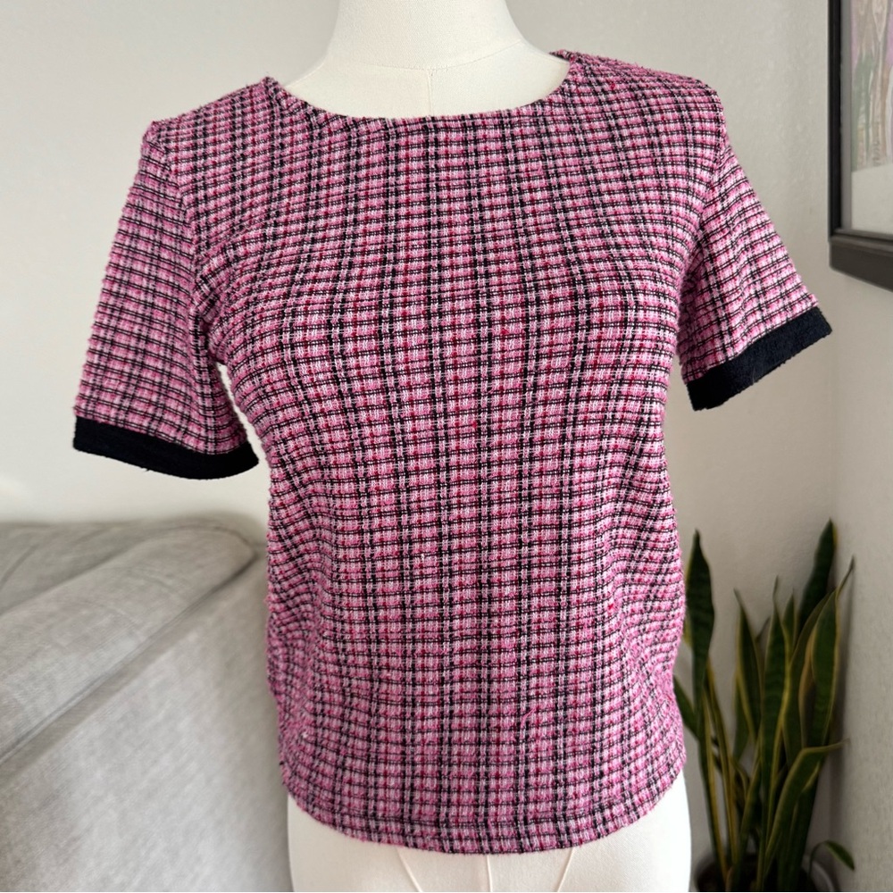 Zara Women’s Small Pink Black Tweed Short Sleeve Top S Preppy Academia Coquette
